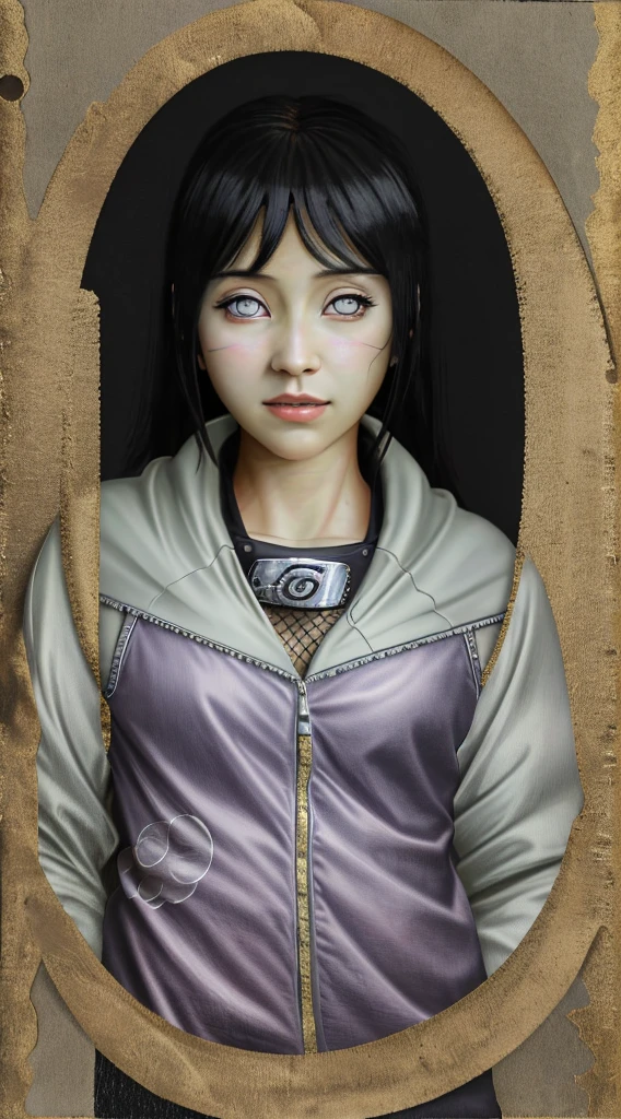 Masterpiece, highres, high Quality, detailed face, detailed body render, 1girl, solo, hyuuga hinata, hinata-sleeveless-outfit, large breasts, big breast, sleeveless shirt, fishnet top, dark lips, unzipped jacket, no bra, breasts out, nipple, standing, blushes, (on bedroom) detailed face, no low quality image