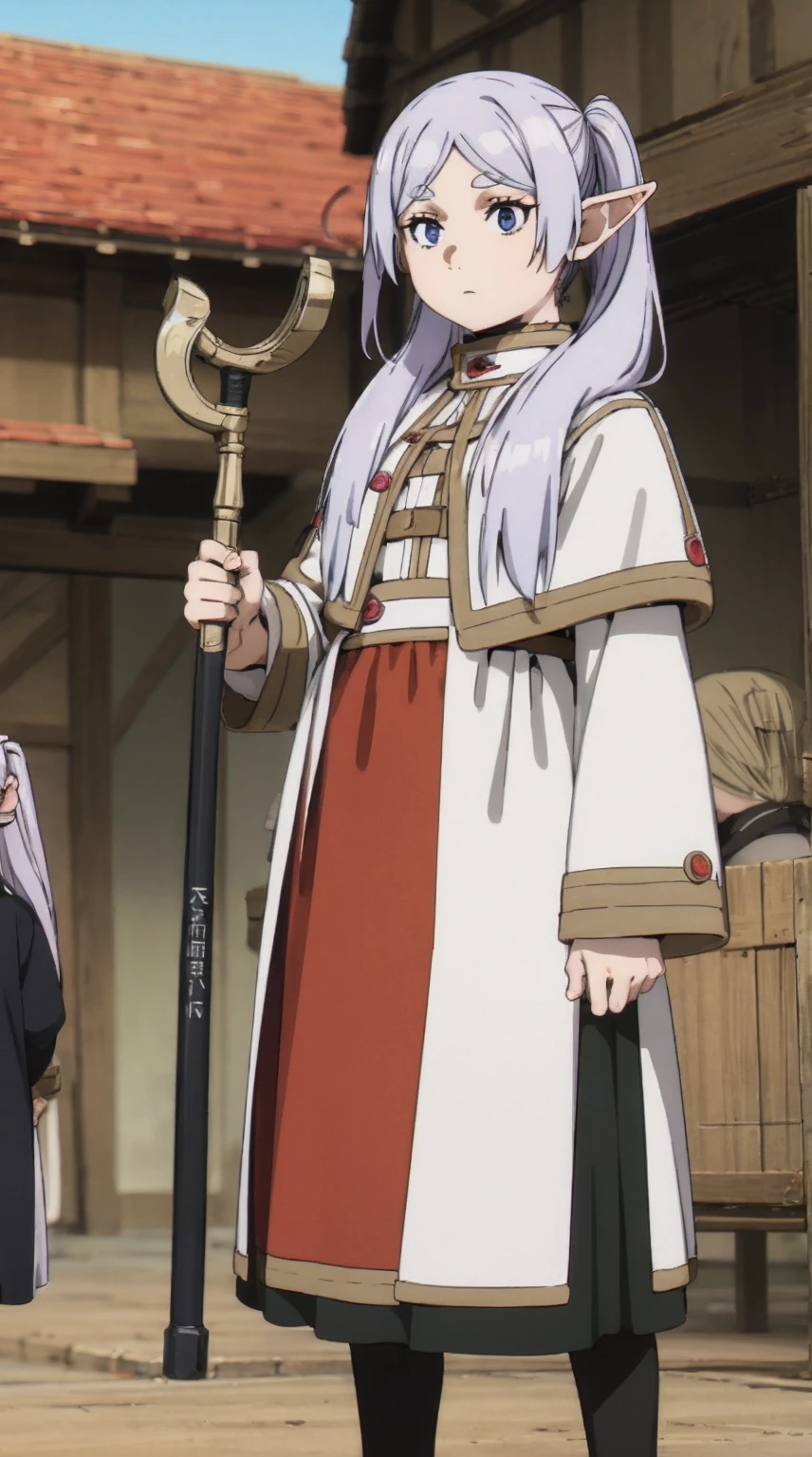 frieren, holding staff, medium breasts, tall female, sousou no frieren, elf, silver hair, standing, tunic, serious, white cloths, white scarf, full body, white tunic, twintails,