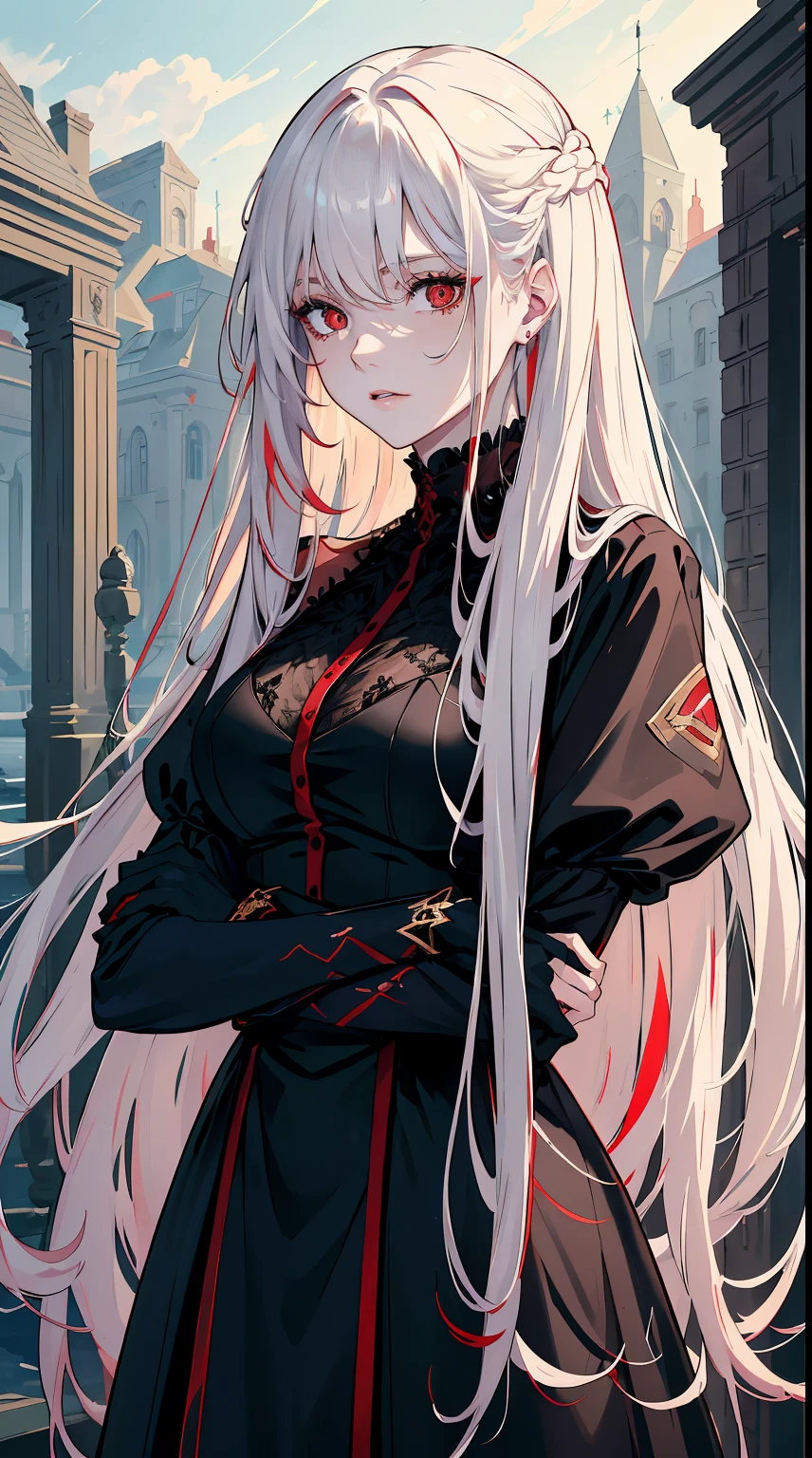 handsome girl,red-eyes,red pupils,Long white hair,Hyperresolution,accuracy,Detailed rendering,(Subtle facial image)(Image of fine hair)(topquality)(Masterpieces of masters)(High degree of completeness)(A sense of atmosphere)tmasterpiece,Super detailed and super detailed(half-body portrait)wearing a black velvet dress