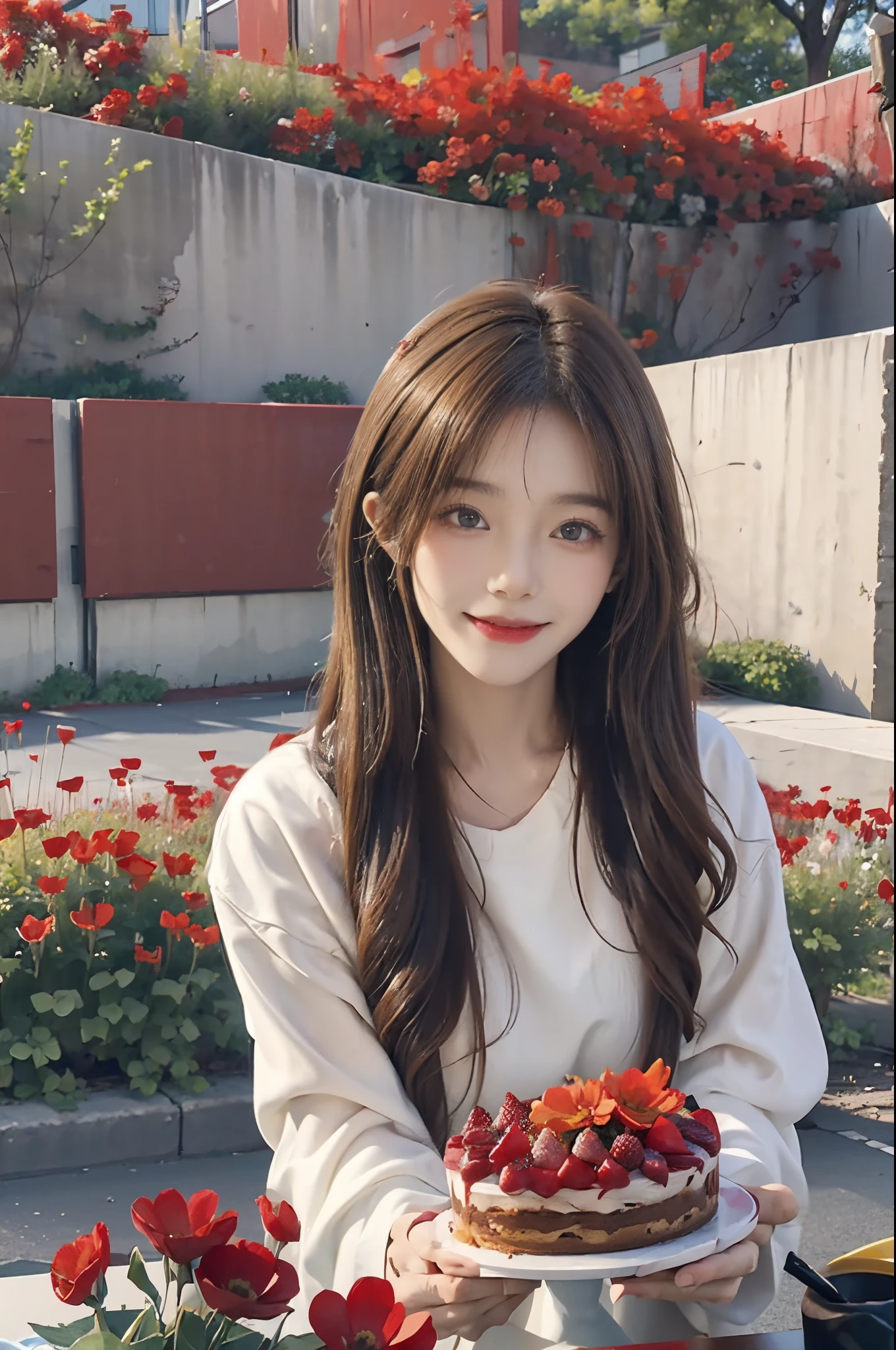 Standing in a vast meadow of red flowers、stands in a flowering field、Create an image of a happy 28 year old brunette woman with messy hair。. She smiled、presents a birthday cake to the viewer on the table。, With bright red color. I'll work on it for you!