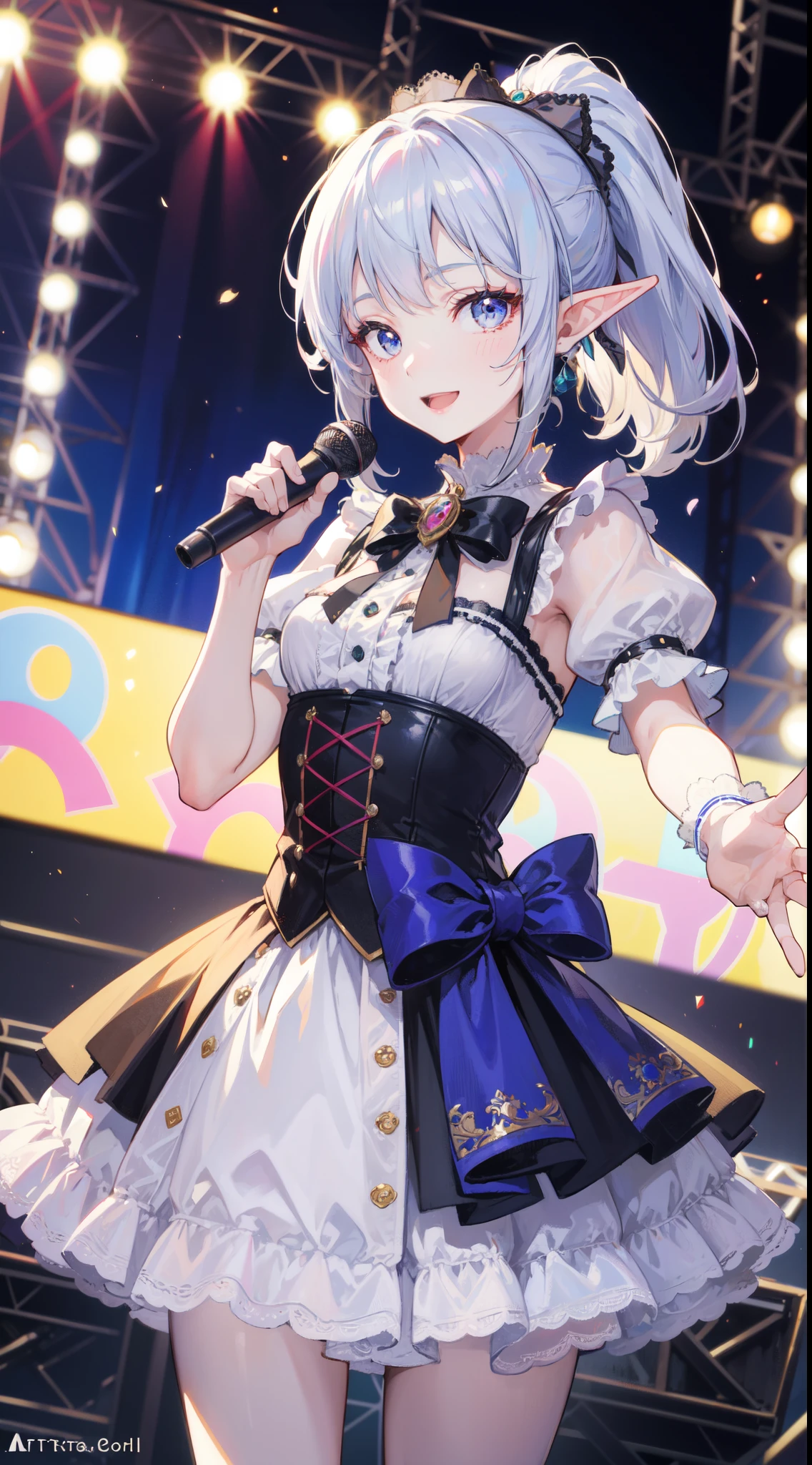 1 elf girl, iolite eyes, hair accessories, (smile:1.1), ponytail, open mouth, corsage, (ta Fashion:1.1), waving, jumping, holding microphone, stage, depth of field, blurry background, sharp focus, looking at viewer, cowboy shot, art style by Artgerm, By Yusuke Murata, By Alphonse mucha