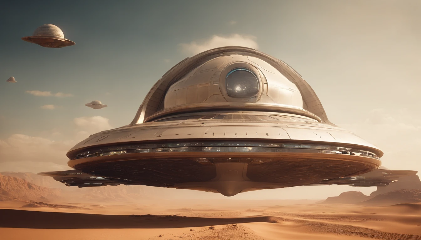 Spaceship flies over alien desert, Has a futuristic structure, A space carrier looms in the sky, Planet Arakis, Huge future temple city, ancient yet future, space opera and dystopian style, future spaceport, Futuristic scene in the desert,