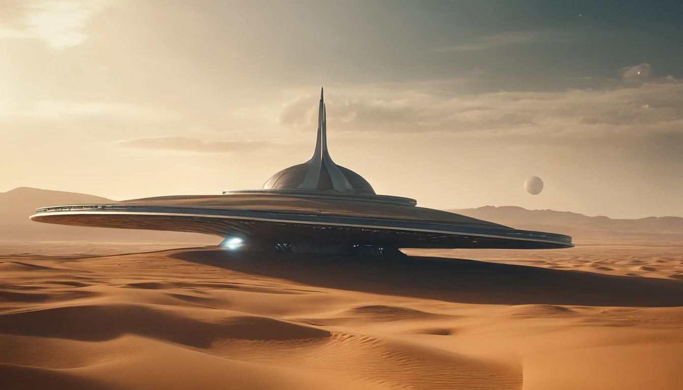 Spaceship flies over alien desert, Has a futuristic structure, A space carrier looms in the sky, Planet Arakis, Huge future temple city, ancient yet future, space opera and dystopian style, future spaceport, Futuristic scene in the desert,