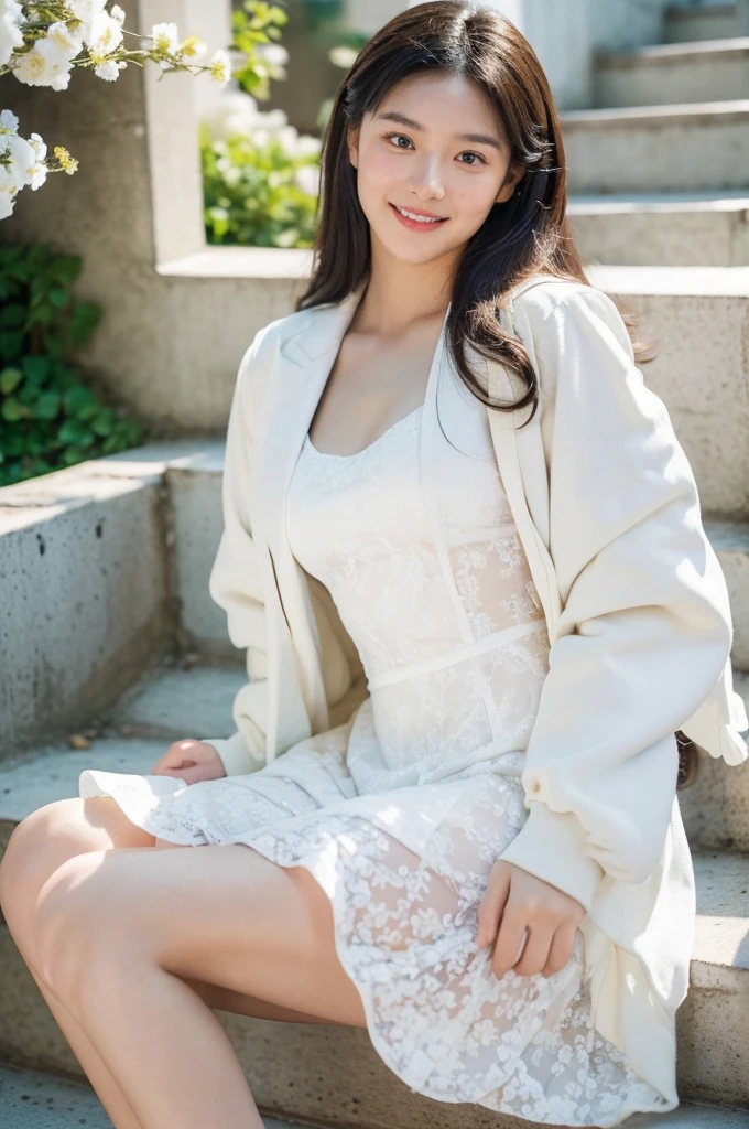 (((Masterpiece))), (((Best quality))), ((Super detailed)), (Photo), ((Extremely exquisite and beautiful)), High resolution, 1 girl, 22 years old, China Beautiful girl, (small breasts), ((full and plump lips)), (long hair), (slightly curly hair), ((median between oval face and oval face)), (detailed eyes), (detailed facial features), ,(finger details),(legs details), (((whole body))) , (at night when the sun has just set)(on the stairs in front of the city square), ((smile)),((( White floral dress and white jacket))), ((film grain)), ((SLR camera)), ((35mm lens focal length)) (feeling of youth)