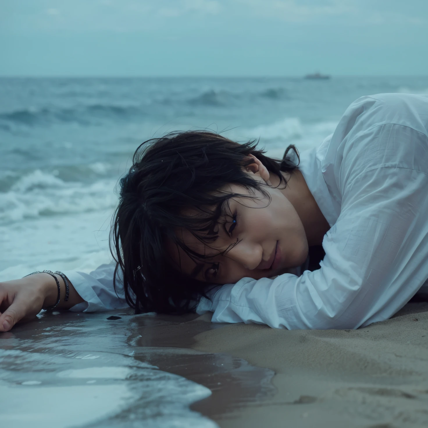 1 boy, black hair, Wear a shirt, lie on the sand near the sea