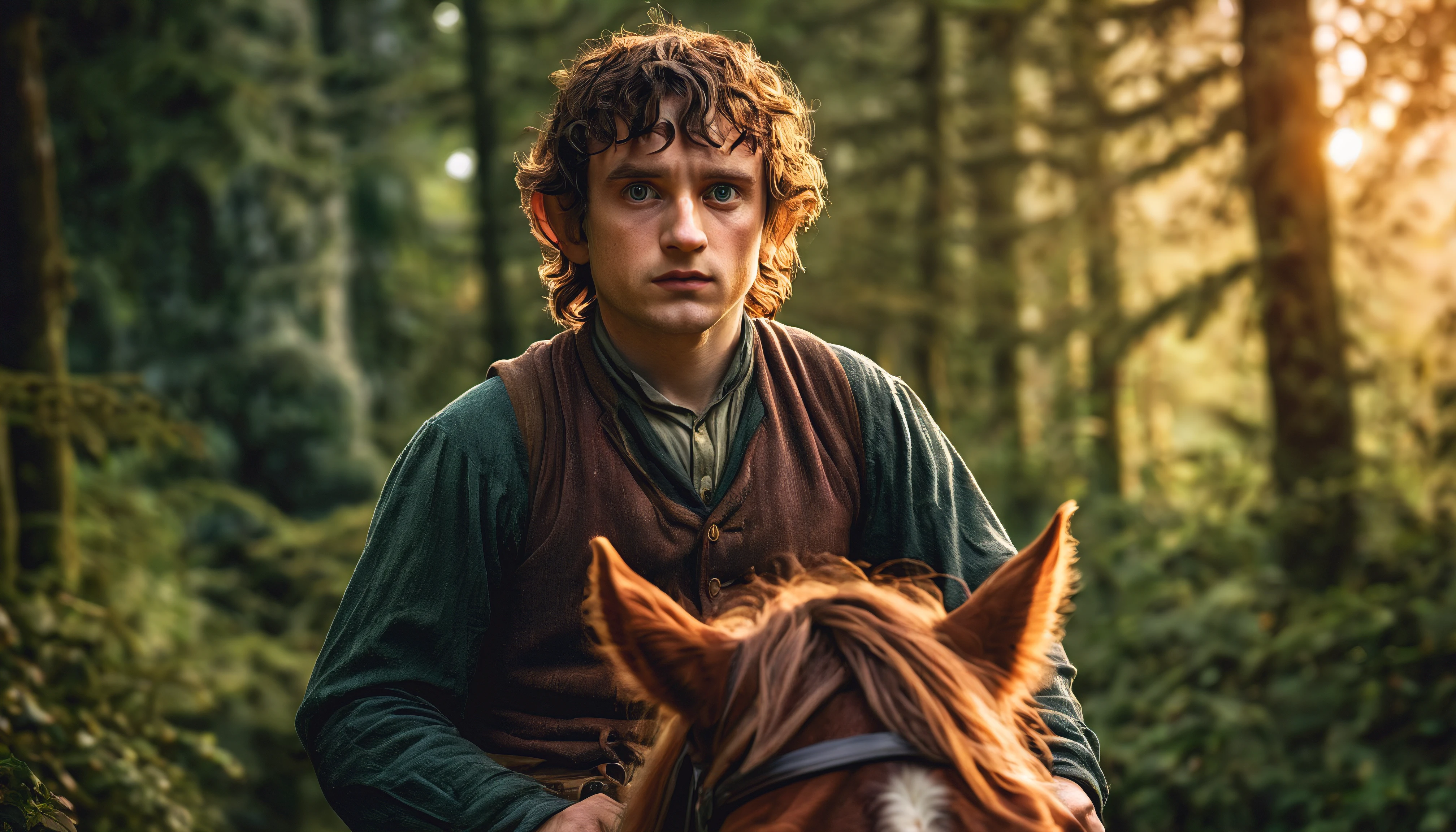 (best quality,hight resolution,realistisch),Extrem detailliertes Gesicht und Augen,beautiful detailed eyes,bearded face,Hobbit,Frodo Beutlin,auf seinem Pferd,robustes Aussehen,Reiten,Waldhintergrund,Lebendige Farben,Sanftes Licht,Thema Abenteuer,Weisheit und Entschlossenheit,Heldenhafte Pose,Mittelalterlicher Fantasy-Stil,surreal atmosphere