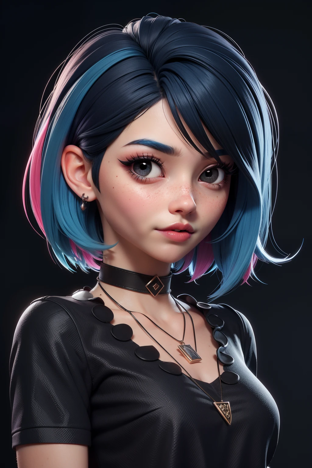 masterpiece, best quality,3d rending work ,3DMM style,close-up,portrait, 3D,1girl, solo, multicolored hair, blue hair, black hair, necklace, freckles, jewelry, two-tone hair, looking to the side, realistic, upper body, simple background, bangs, looking away, short hair, parted lips, black eyes, lips, gothic, choker, makeup, mole, black shirt, shirt, watermark