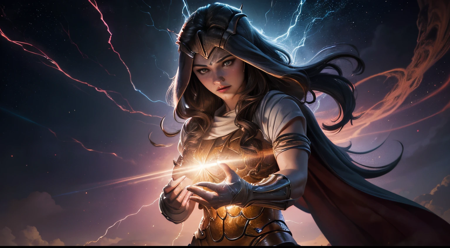 A fusion of the Scarlet Witch and Thor, luz da lua distante, Noite, Florescer), (cinemactic, melhor qualidade, master part, texturas ultra HD, altamente detalhado, hyper realistic, detalhes intrincados, 8k, Fotorrealista, arte conceitual, pintura Fosca, Autodesk Maya |, vray render, ray tracing, HDR), (DSLR, quadro completo, 16mm focal length, F/Abertura 8, dynamic perspective, Dynamic angle, proportion Aurea, FotograFia ampla, wide field of view, proFundidade de campo, Reduzir)