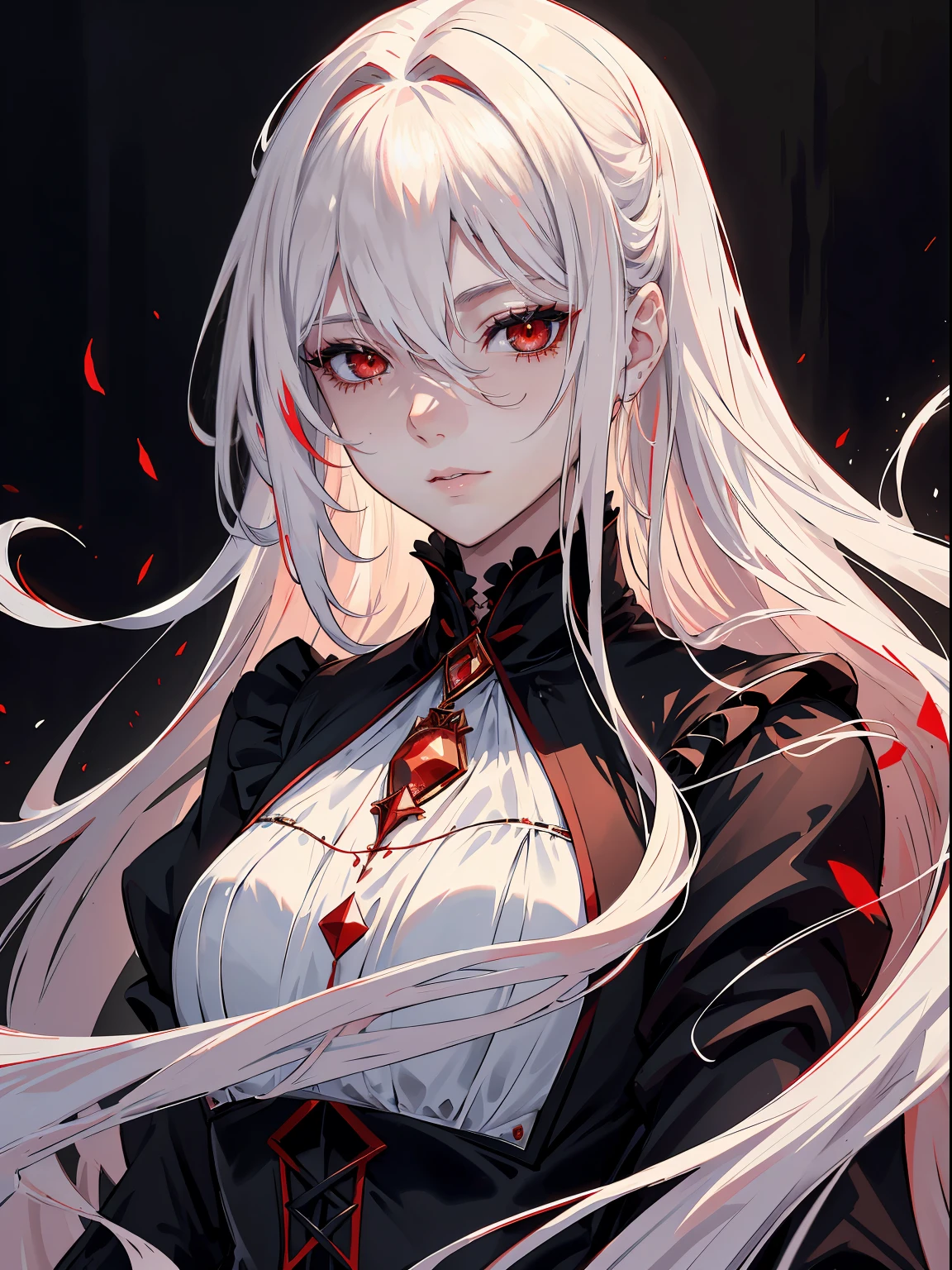 handsome girl,red-eyes,red pupils,Long white hair,Hyperresolution,accuracy,Detailed rendering,(Subtle facial image)(Image of fine hair)(topquality)(Masterpieces of masters)(High degree of completeness)(A sense of atmosphere)tmasterpiece,Super detailed and super detailed(half-body portrait)in a black velvet dress