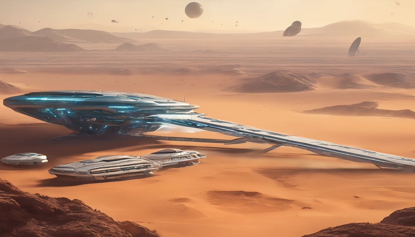 Spaceship flies over alien desert, Has a futuristic structure, A space carrier looms in the sky, Planet Arakis, Huge future temple city, ancient yet future, space opera and dystopian style, future spaceport, Futuristic scene in the desert,