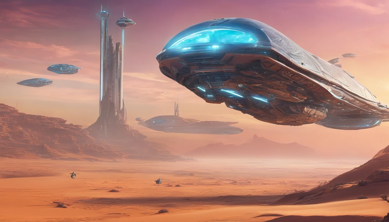 Spaceship flies over alien desert, Has a futuristic structure, A space carrier looms in the sky, Planet Arakis, Huge future temple city, ancient yet future, space opera and dystopian style, future spaceport, Futuristic scene in the desert,