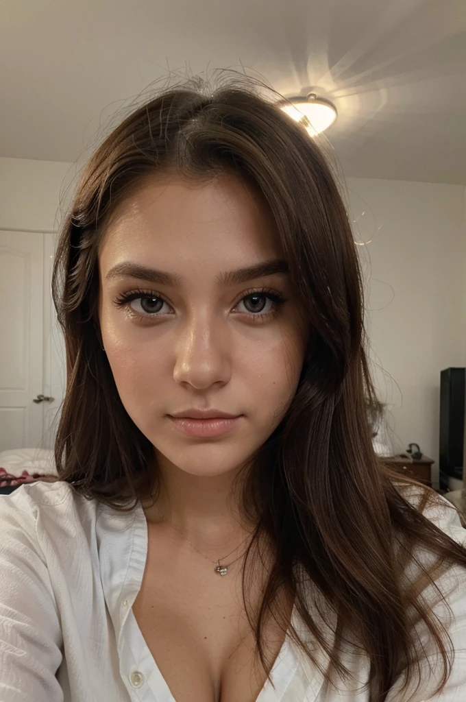 ((best quality)), ((Meisterwerk)), (Detailliert), Perfektes Gesicht, 1.1, Hochdetaillierte Gesichts- und Hautstruktur, Detaillierte Augen, brown eyes, brown colored eyes, cute makeup, Anastasia 24 year old russian, cute instagram modeling pictures, cute selfies in her bedroom, cute facial expression, looking away from camera