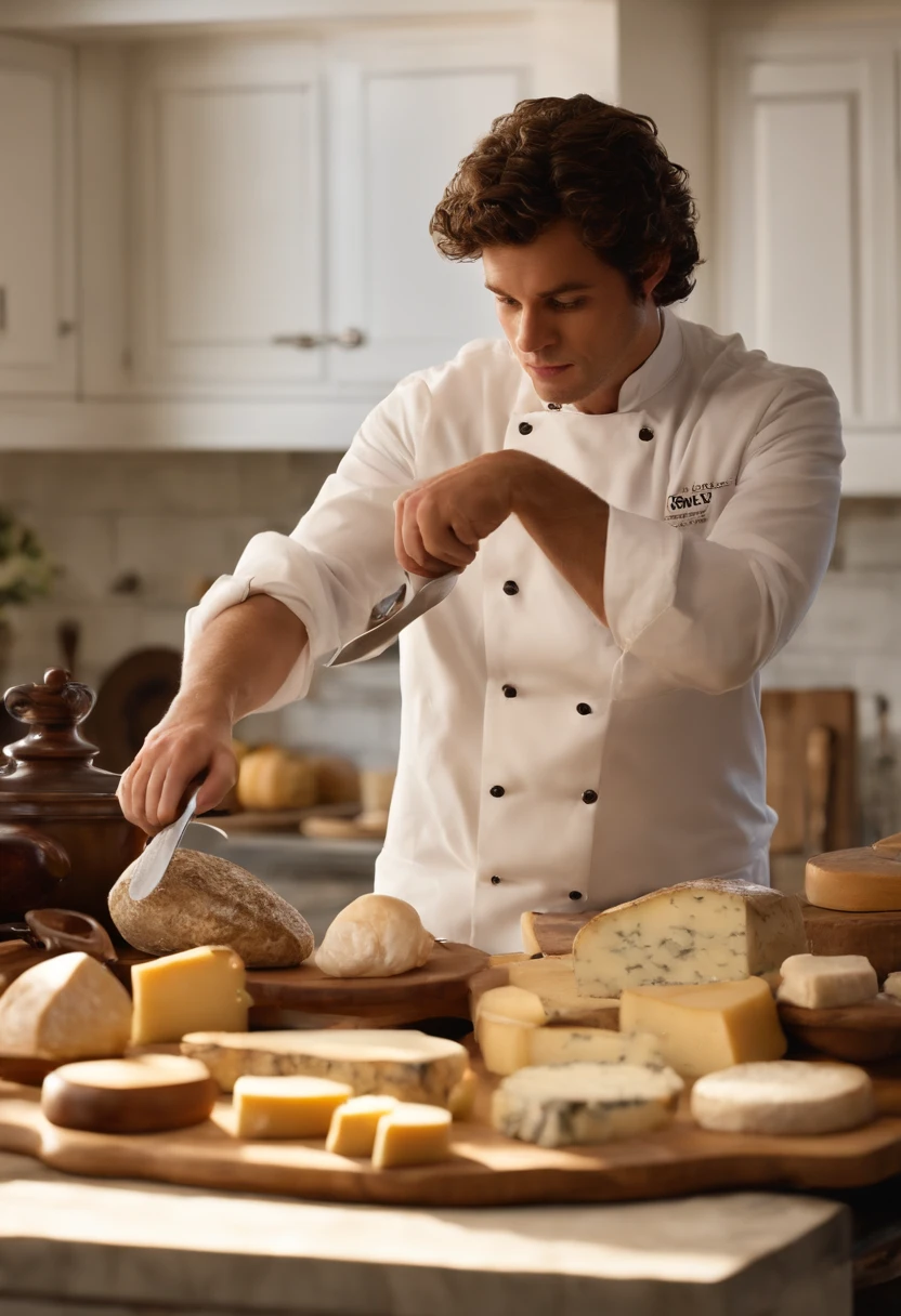 A photo of Carmy carefully arranging a selection of artisanal cheeses on a wooden cheese board,The Bear,Carmen “Carmy” Berzatto, portrayed by actor Jeremy Allen White, is a young chef with a lean and agile build, reflecting his bustling energy in the kitchen. He has a rugged, somewhat weary appearance, with short, tousled dark hair and intense, expressive eyes that often convey the weight of his personal and professional pressures. Carmy’s typical attire in “The Bear” includes a white chef’s coat or a simple t-shirt., male