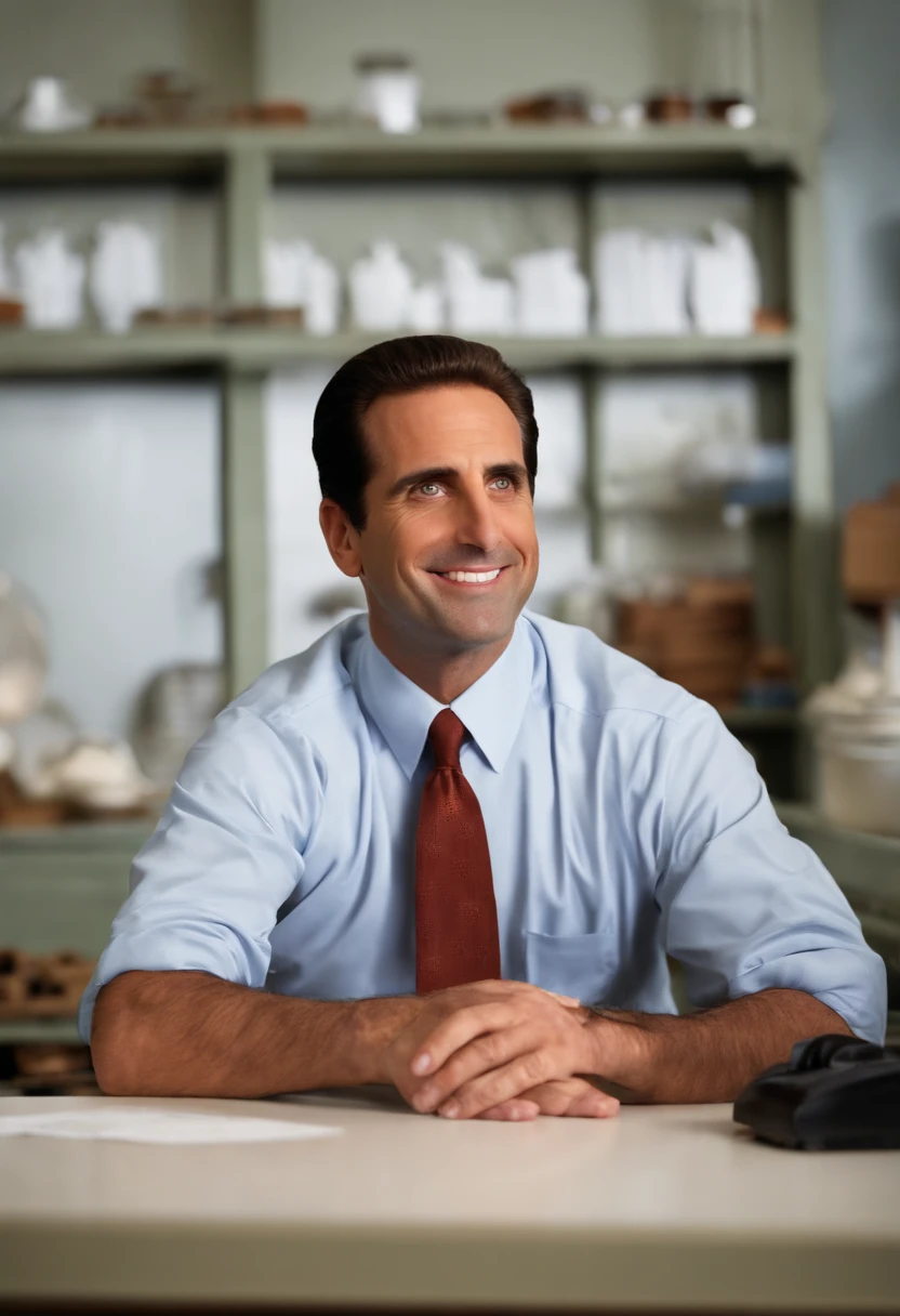 A photo of Michael attempting to learn how to make pottery.,The Office TV show,Michael Scott, the fictional character from “The Office,” is a middle-aged man with a receding hairline and a penchant for ill-fitted suits, which adds to his somewhat awkward and unpolished appearance. He often carries a goofy, sometimes childlike expression, complementing his attempts to be liked and seen as humorous by his employees. , male