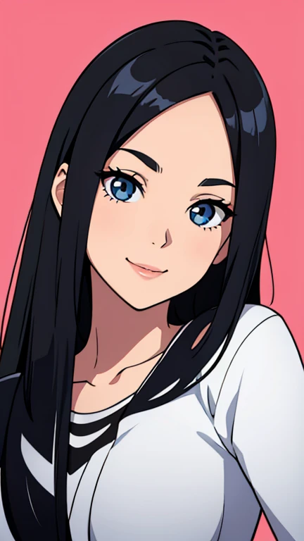 One girl with black hair, hair lenght until bust, straight hair, hair parted in center of head, round face. hairstyle with a center part, that the hair should be parted down the middle, creating a symmetrical look without any frontal hair covering the forehead. Looking straight, looking at viewer. Smiling. Solo, one girl. Looking straight, straight. Straight pose.