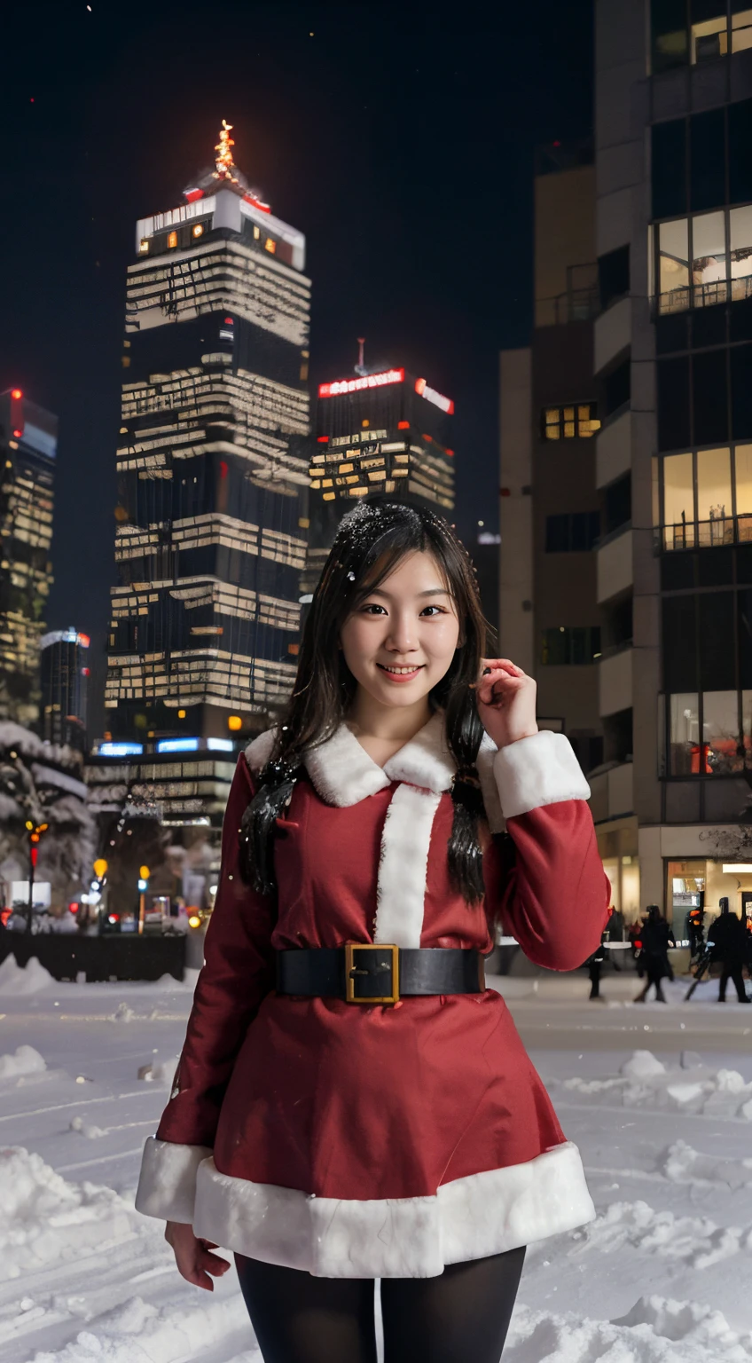 santa claus, japanaese girl, city, Night, Snow, Skyscrapers