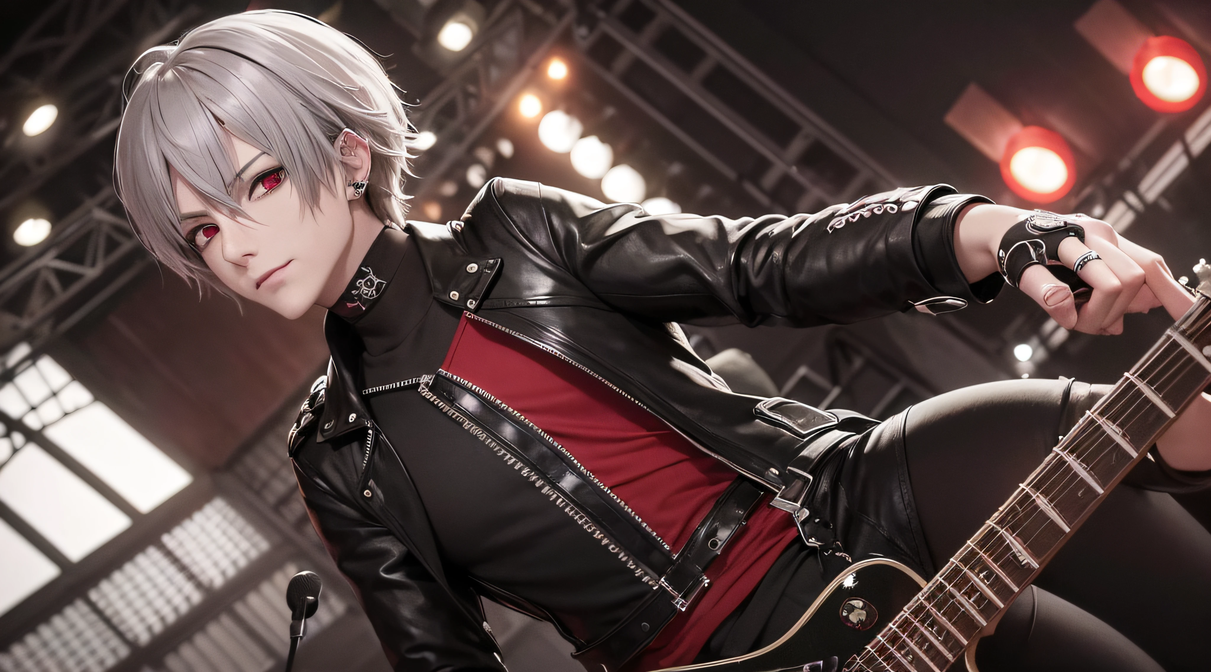 8k, high resolution, masterpiece, illustration, extreme details, mature, adult, 1 male, soloist, visual kei, gray short hair, red eyes, smirk, punk attire, red shirt, leather jacket, blank pants, eyeliner, mascara, choker, rings, emo, piercings, concert, band performance, mosh pit, smoky, lights