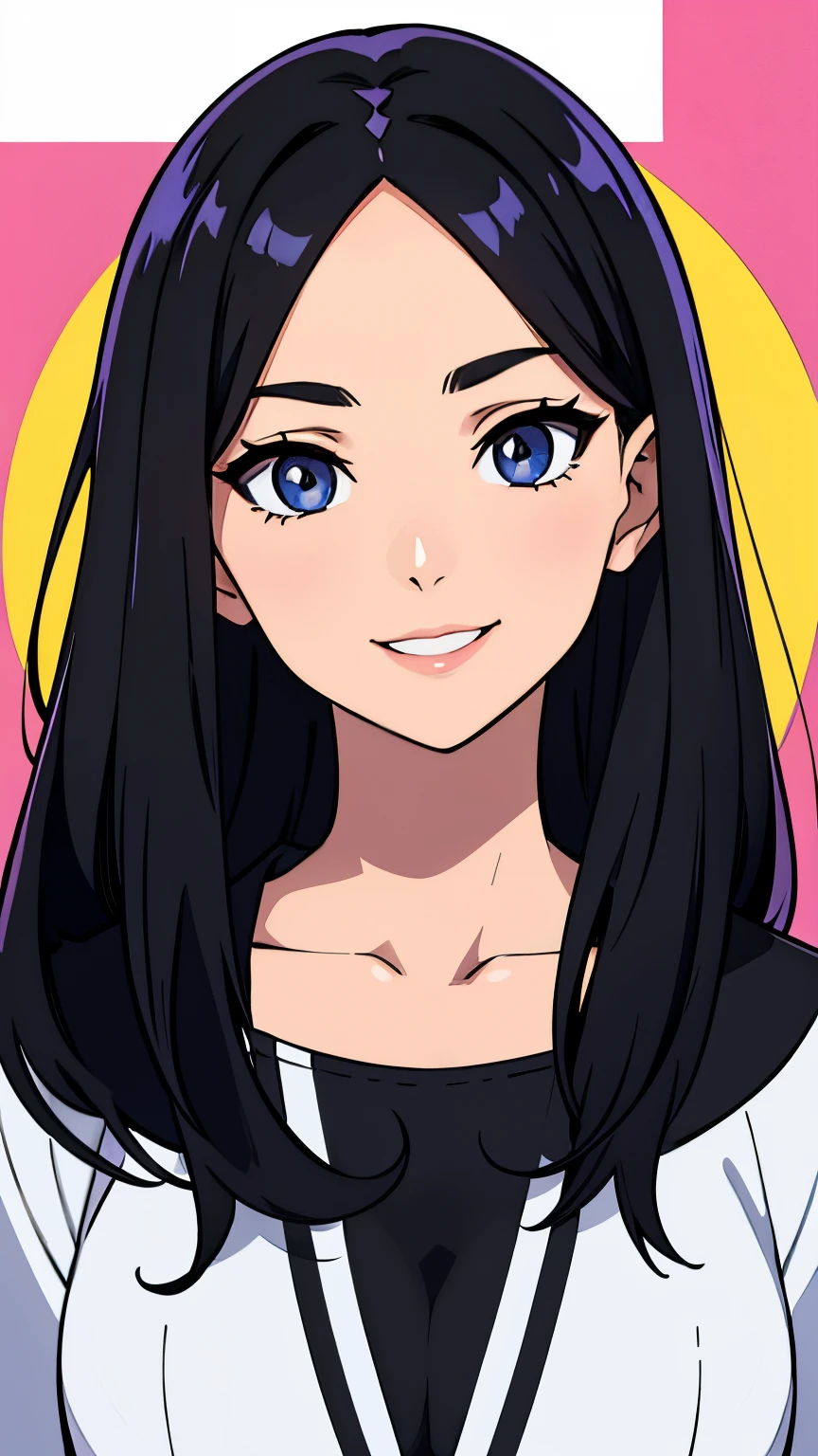 One girl with black hair, hair lenght until bust, straight hair, hair parted in center of head, round face. hairstyle with a center part, that the hair should be parted down the middle, creating a symmetrical look without any frontal hair covering the forehead. Looking straight, looking at viewer. Smiling. Solo, one girl. Looking straight, straight. Straight pose.