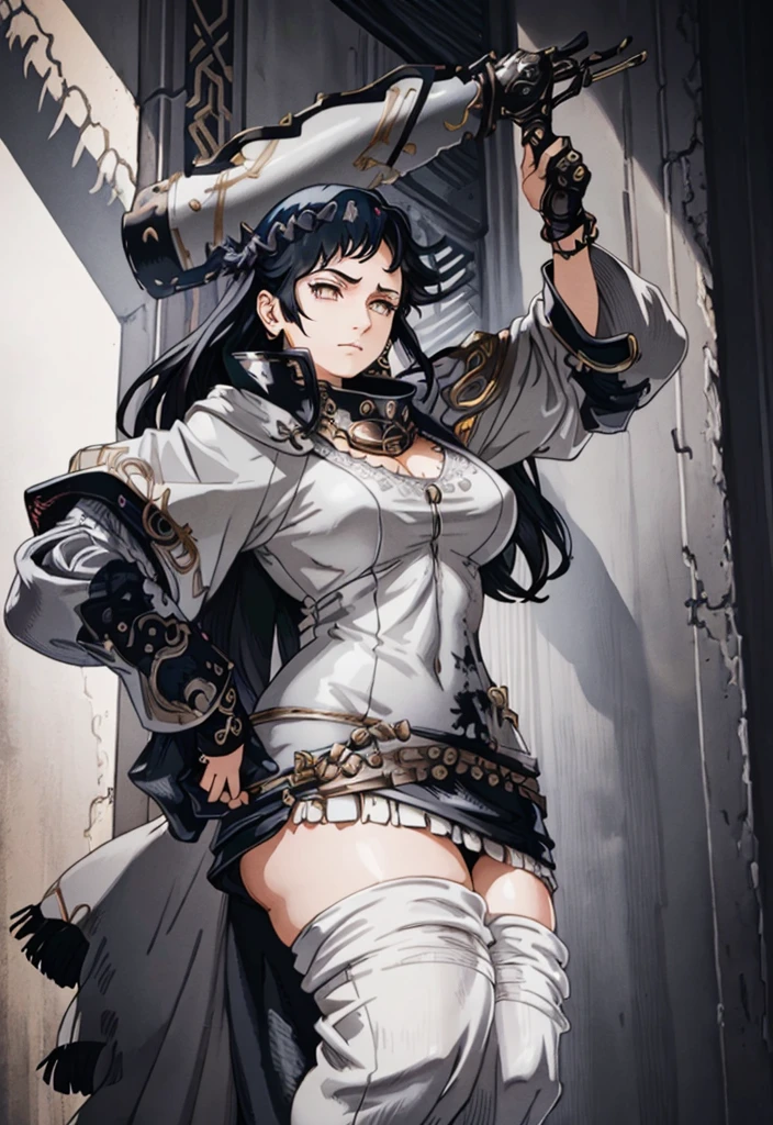 masterpiece,best quality,painting of a woman,((technomancer, intricate outfit, Light Gray theme)),smug look,burly bulky woman,long hair,Champagne black hair,hair,Rosy Brown eyes,very tall,polar,intricate background,dynamic pose,action scene