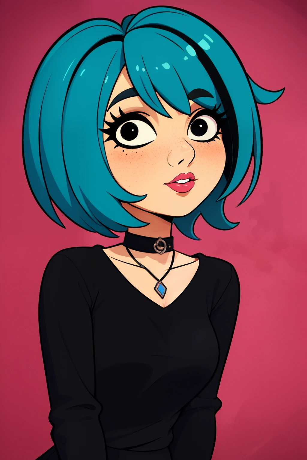 masterpiece, best quality,3d rending work ,3DMM style,close-up,portrait, 3D,1girl, solo, multicolored hair, blue hair, black hair, necklace, freckles, jewelry, two-tone hair, looking to the side, realistic, upper body, simple background, bangs, looking away, short hair, parted lips, black eyes, lips, gothic, choker, makeup, mole, black shirt, shirt, watermark