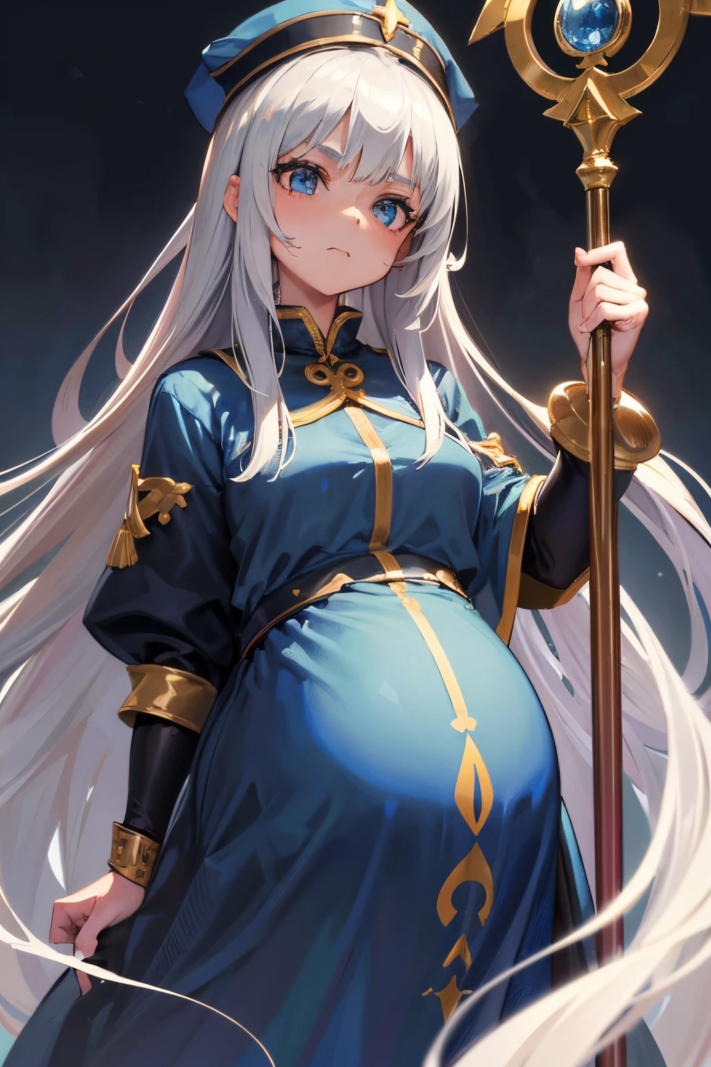 1 young girl, long gray hair, fantasy, saintess, saint, saint dress, saint cap, saint staff, rosario, pregnant, big pregnant, at trimester pregnancy, face at camera