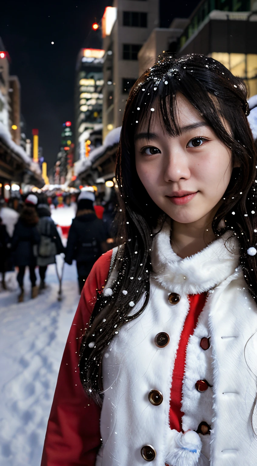 Santa Claus, Japanese girl, city, night, snow, skyscrapers