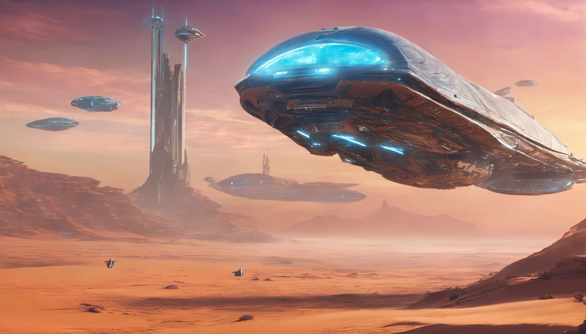 Spaceship flies over alien desert, Has a futuristic structure, A space carrier looms in the sky, Planet Arakis, Huge future temple city, ancient yet future, space opera and dystopian style, future spaceport, Futuristic scene in the desert,