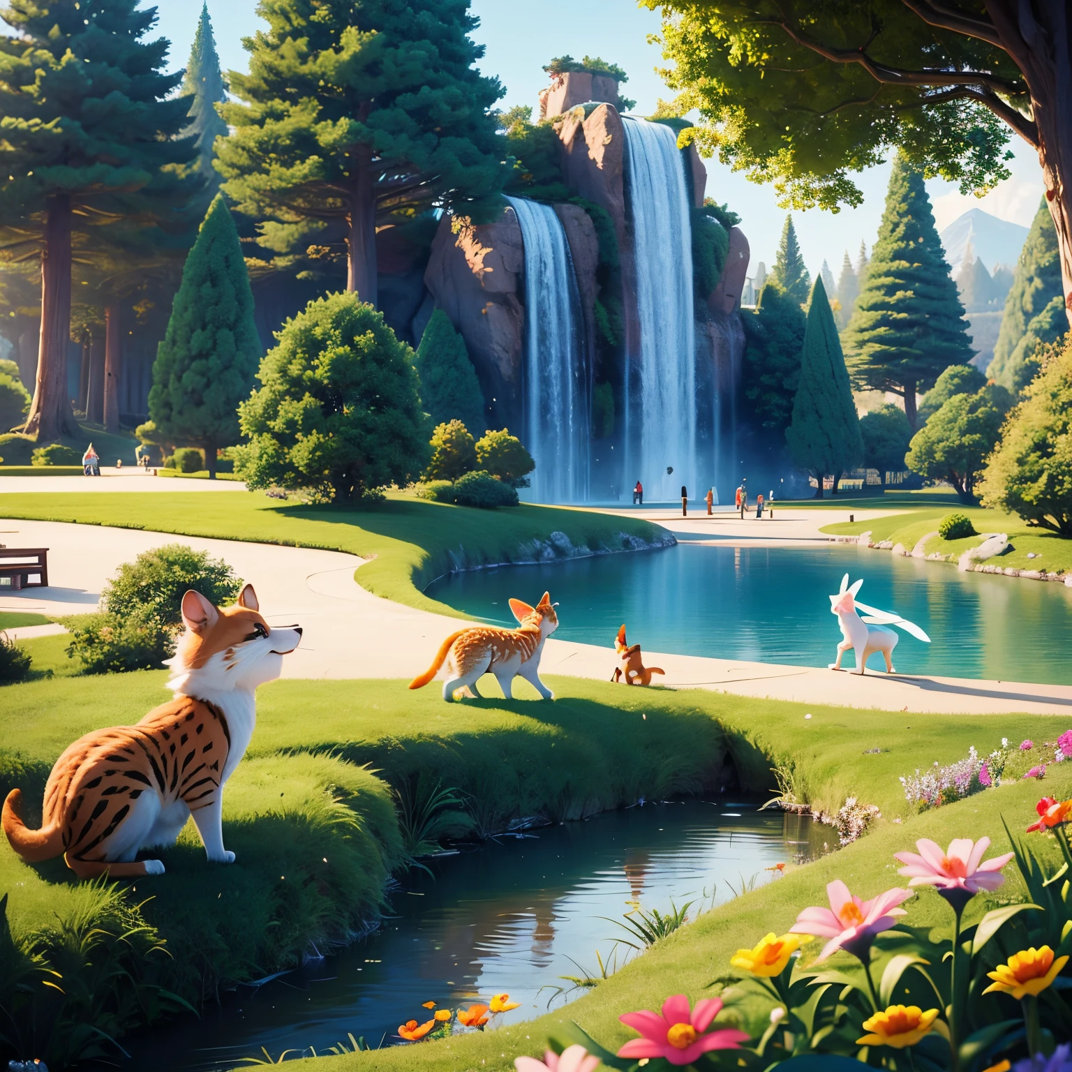 Draw a theme park, where Lyuli walk freely and communicate with wild animals., and wild animals are not afraid of people and approach them, Wild Animal Theme Park, people petting kind wild animals, people hug wild animals, wild animals are very kind, Pixar 3D style, Very high detail, fairy park, bright colors in Disney style, isometric view, Wide angle, height 40 meters