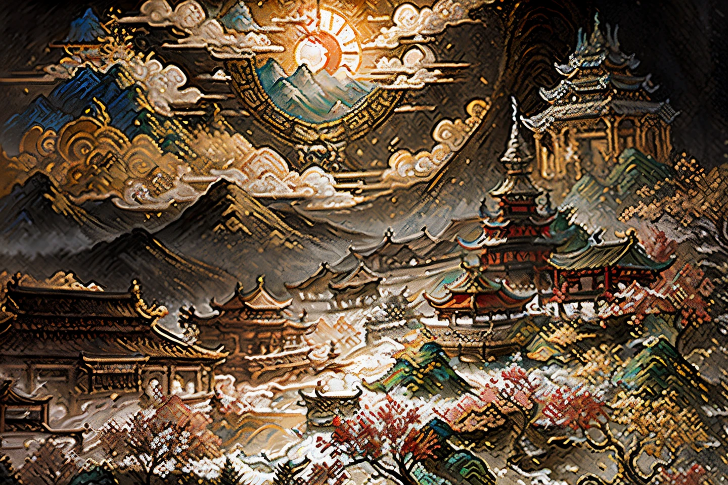ancient chinese painting, ancient chinese background, mountains, river, auspicious clouds, pavilions, sunlight, masterpiece, super detail, epic composition, ultra hd, high quality, extremely detailed, official art, unified 8k wallpaper, super detail, 32k