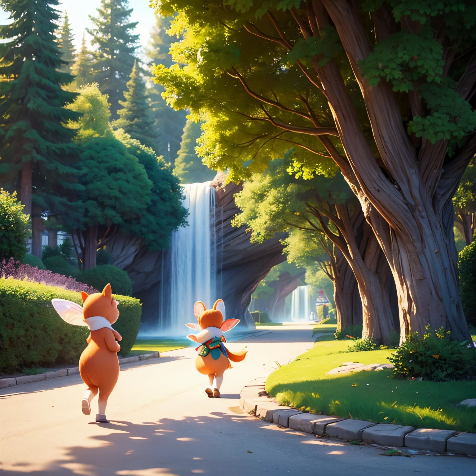 Draw a theme park, where Lyuli walk freely and communicate with wild animals., and wild animals are not afraid of people and approach them, Wild Animal Theme Park, people petting kind wild animals, people hug wild animals, wild animals are very kind, Pixar 3D style, Very high detail, fairy park, bright colors in Disney style, isometric view, Wide angle, height 40 meters