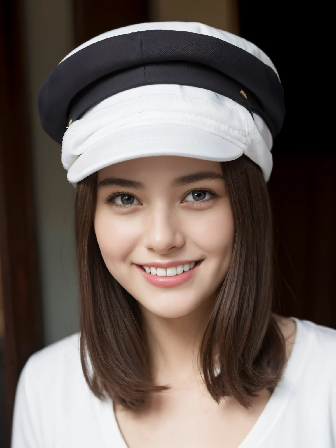 White cap, smiling