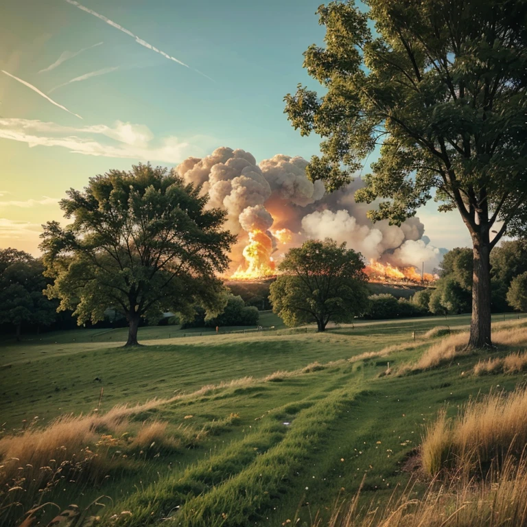 All green grass on fire