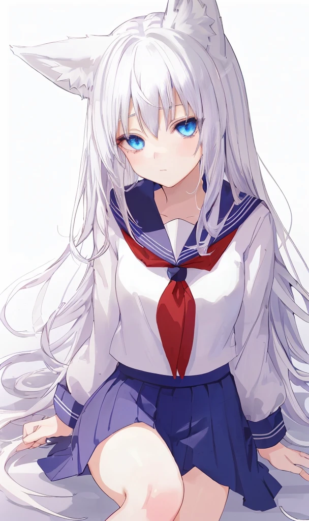 Cute Anime Girls, White hair,fox ear,Blue gradient eyes,White stockings,sat on the ground