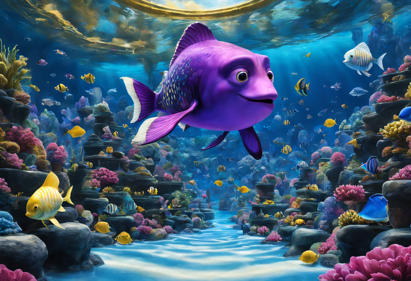 (Aquariums in Cloisonné Theme Park),These children,dreamland dreamland,ultra-realistic realism,Asymmetrical balance ,( magenta )Carmine+( blue white colors )Blue-cyan+( tin foil gold )golden colored,pixar character
