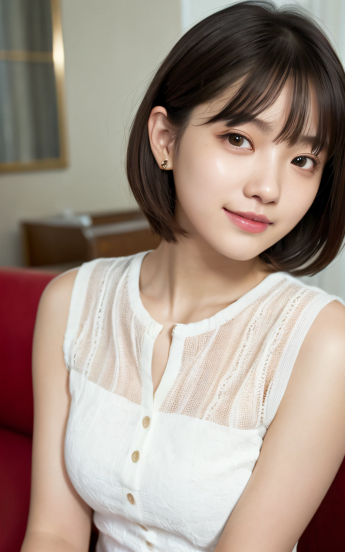 (Photo Real:1.4), (hyper realisitic:1.4), (Smooth lighting:1.05), 1 girl, (sad:1.4), Mouth slightly open, Neat and clean beauty, 22 years old, Soft lighting, Back lighting, (cheerfulness:1.2), (Finest Real Textured Skins), Narrow-eyed, Super fine face, glowy skin, retinas, Anatomically correct, acurate, Super Detail, Textured skin, High quality, high details, Best Quality, High resolution, livingroom, Short hair, Bangs, Blouse
