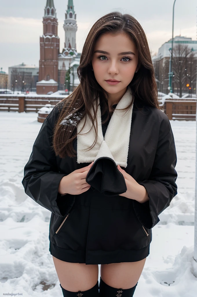 ((best quality)), ((Meisterwerk)), (Detailliert), Perfektes Gesicht, 1.1, Hochdetaillierte Gesichts- und Hautstruktur, Detaillierte Augen, brown eyes, brown colored eyes, cute makeup, Anastasia 24 year old russian, cute instagram modeling pictures, full body picture taken from 3 meters away, snowy moscow city background, russian modest clothing