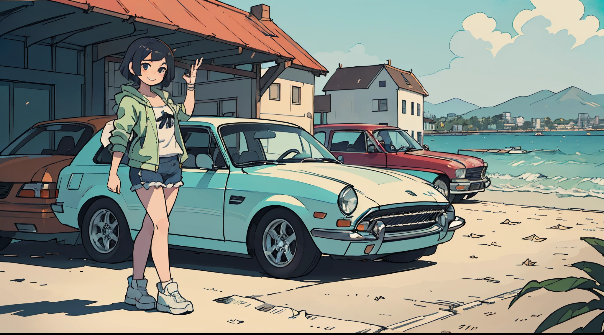 Octane Render、(Hyper-detailing: 1.15)、(Soft light、sharp: 1.2)、morning、Little girl posing in front of car in parking lot near beach, Full body,、Fuji Film,  masutepiece, Anatomically correct、A smile, radiant light