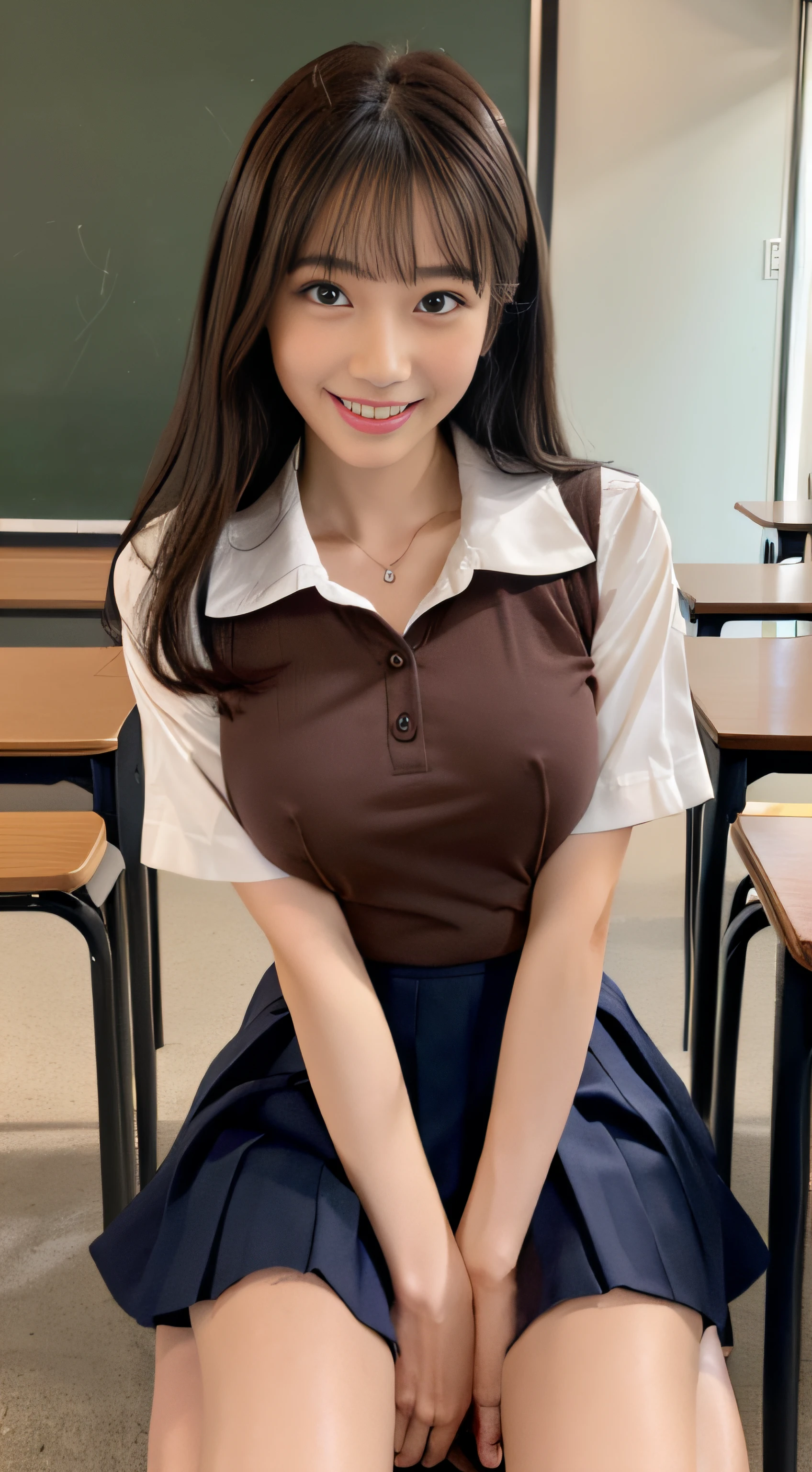 top-quality、Top image quality、masterpiece、fully body photo、18yo woman、Dark brown shorthair、bangss、((Schoolgirl Uniform))、 ((no-bra、Puffy nipple、))、soft boob、breasts of medium size,、Kamimei、 Shy laughter、school classrooms、sit a chair、Flip the skirt with your hands、Show panties、((Grasp your breasts with both hands over your clothes、open one's legs、Open both knees))