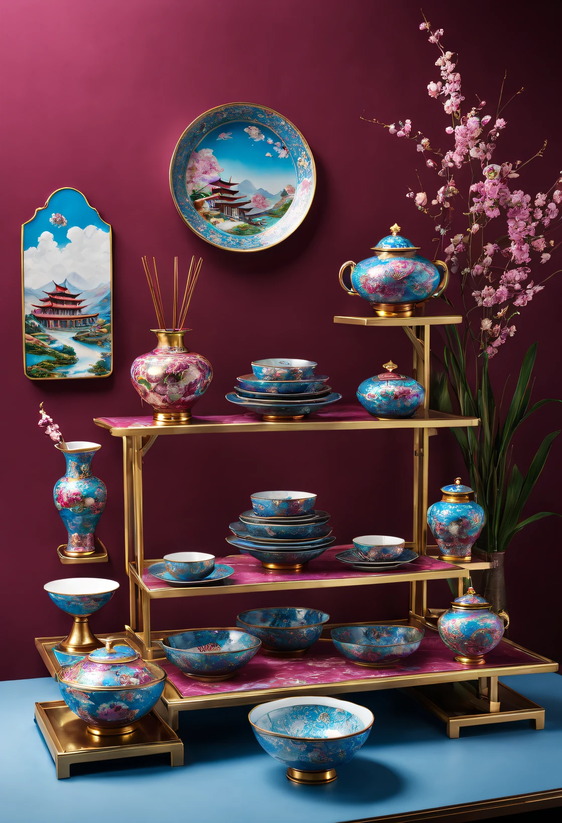 （Very unified CG design），（Item design）， (Cloisonne Theme Park Cultural Relics Exhibition Hall），（plates on display rack，bowl，vases，chopsticks），dreamland dreamland，ultra-realistic realism，Asymmetrical balance ，( magenta ）Carmine＋( blue white colors ）Blue-cyan＋( tin foil gold ）golden colored，