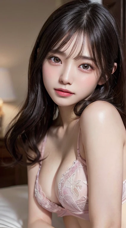 innocent 18 year old girl、(Wear pink thin home clothes)、Wear pink underwear、sitting in a room、A smile、RAW photogr, (8K、top-quality、masterpiece:1.2)、(intricately details:1.4)、(真实感:1.4)、octane renderings、Complex 3D rendering hyper-detail, Studio soft light, Edge lights, vibrant detail, super detailing, realistic skin textures, detailface, beatiful detailed eyes, Very detailed CG Unity 16k wallpaper, cosmetics, (detailedbackground:1.2), Glossy glossy skin、Lie down, full bodyesbian,lay on back