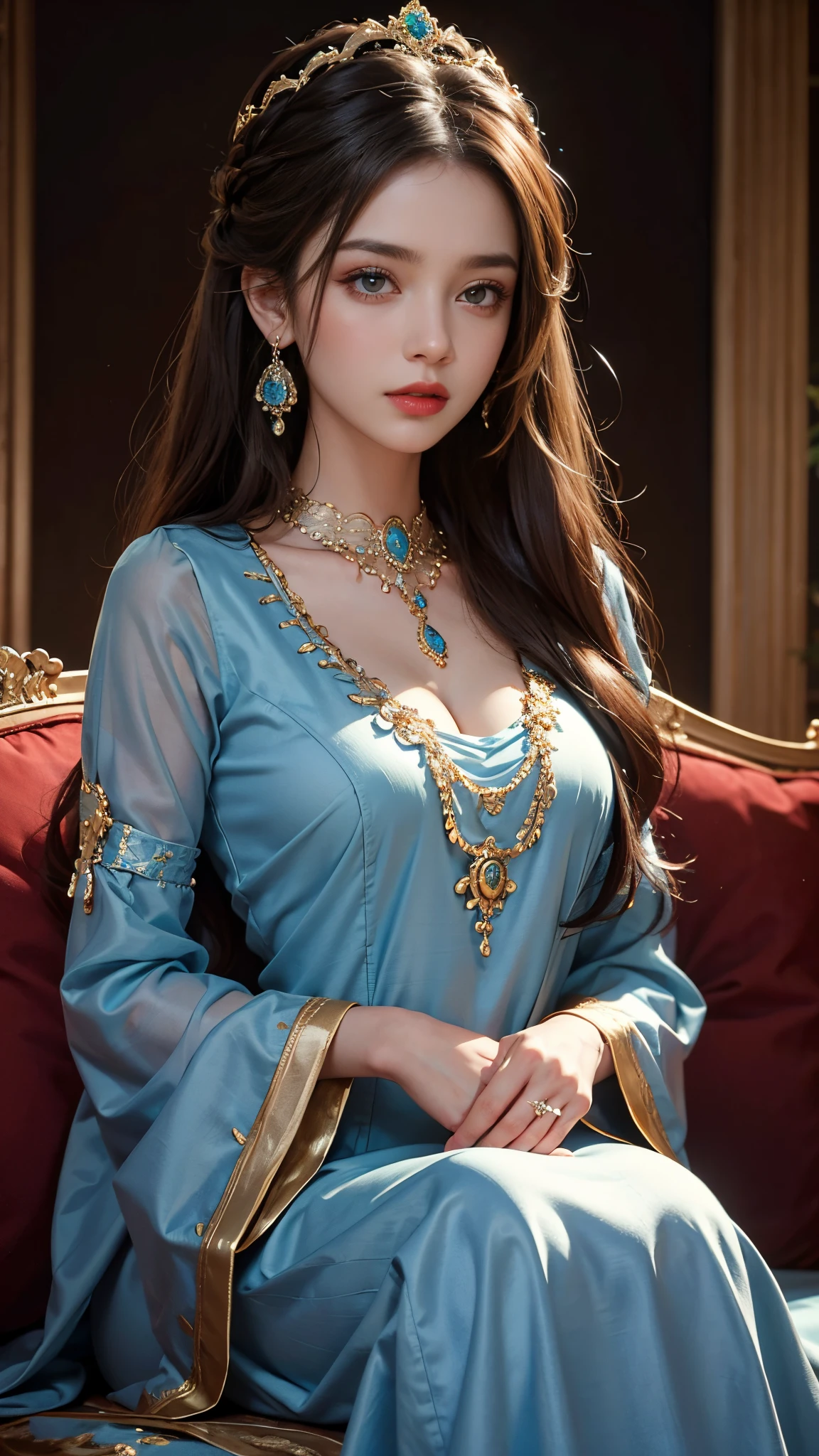 8K ultra hd, masterpiece, best quality, a beautiful girl, long hair, impressive hairstyle, royal hair jewelry, pretty cute face, flawless face, jewellery earrings, antique jewellery, details eyes, beautiful eyes, meticulous makeup, thin eyebrows, beautiful red lips, medium breasts, royal dress, blue dress, light blue laces, realistic colors, magic effect, night background, look directly at the audience, sitting,
