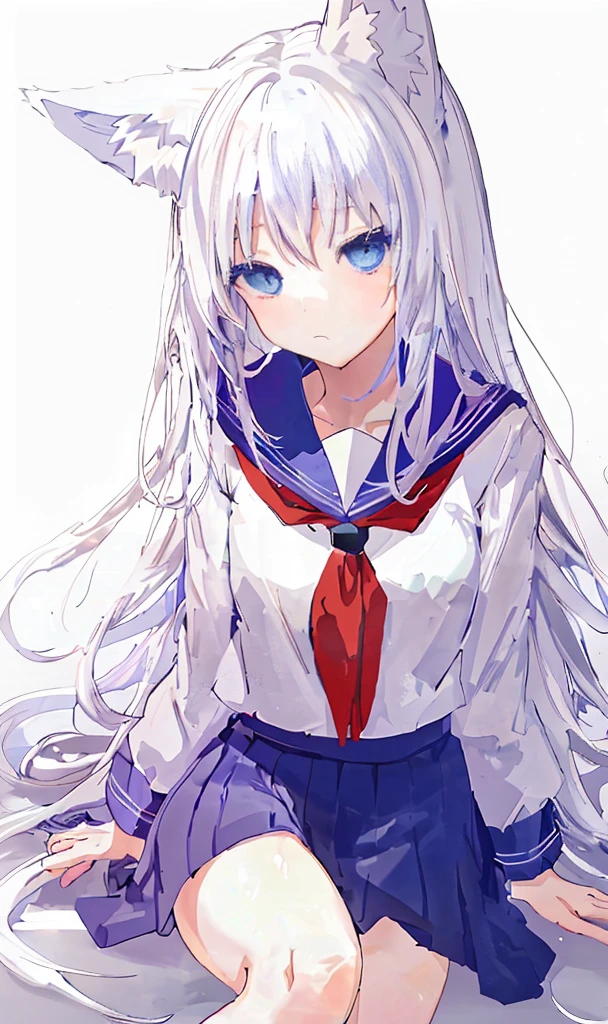 Cute Anime Girls, White hair,fox ear,Blue gradient eyes,White stockings,sat on the ground