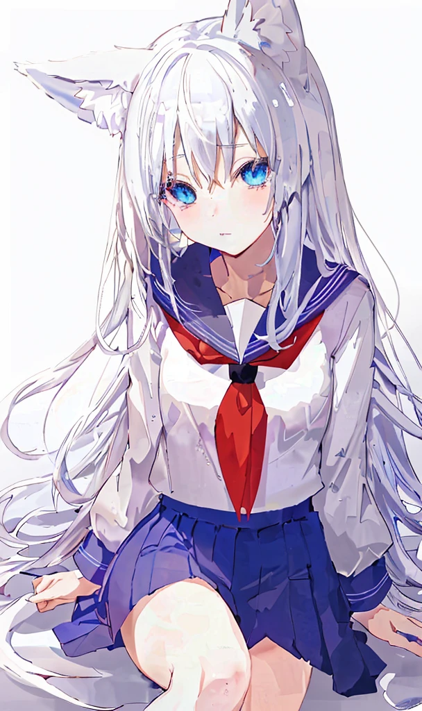 Cute Anime Girls, White hair,fox ear,Blue gradient eyes,White stockings,sat on the ground