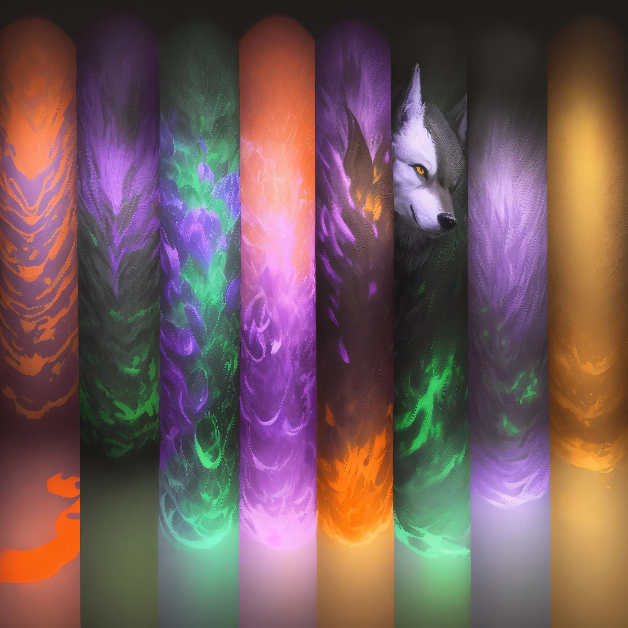 A black、amarelo、in green、orange colors、pinkcolor、shuicolor、Wolf with purple color