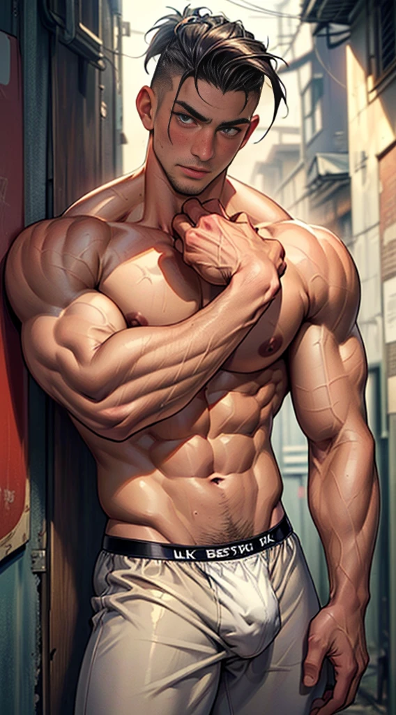 (masterpiece best quality 8k ultra-detailed:1.5) ultra realistic, solo young male muscular handsome (((perfect face,perfect eyes))) ((topless)) (undercut) ((blush,in heat)), (((underwear, big bulge))), (((cowboy shot))), illustration realistic shade sharp, detailed beautiful face and eyes, perfect hands, (dynamic pose), shiny skin