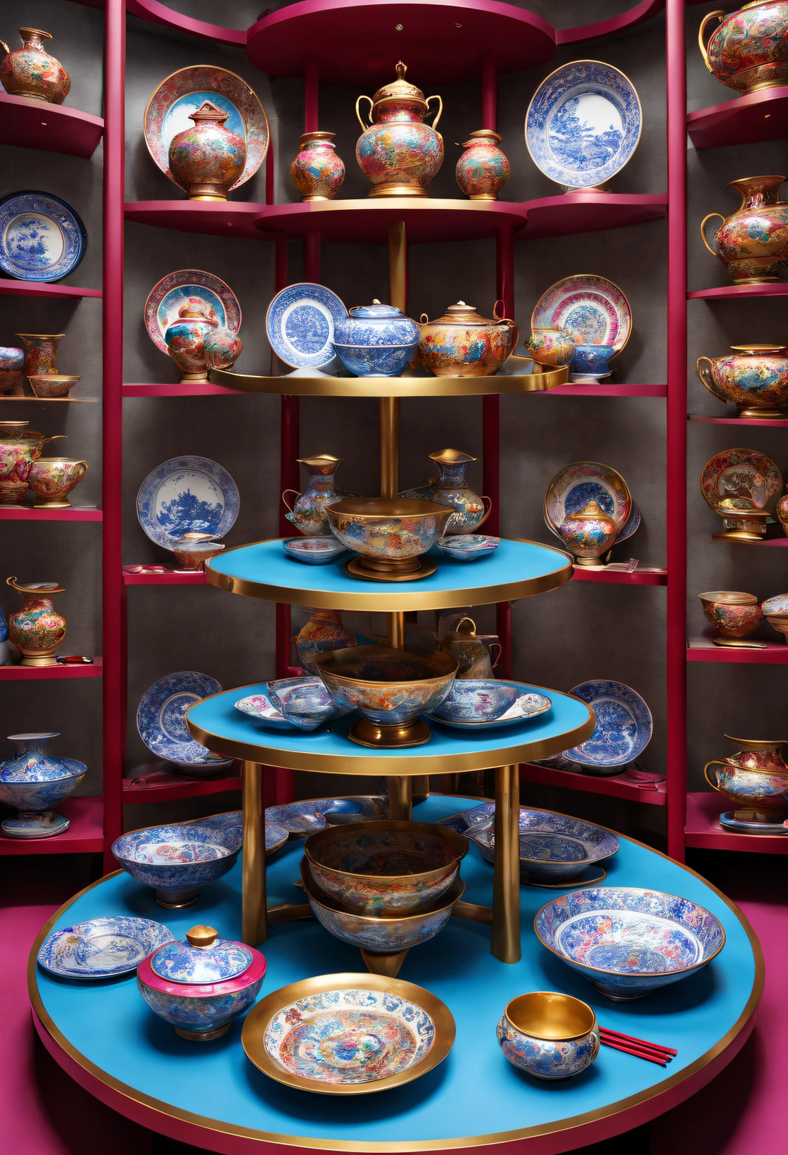 （Very unified cg scene design），（Item design）， (Cultural relics on display racks in Cloisonne Theme Park），（plates on display rack，bowl，vases，chopsticks），dreamland dreamland，ultra-realistic realism，Asymmetrical balance ，( magenta ）Carmine＋( blue white colors ）Blue-cyan＋( tin foil gold ）golden colored，