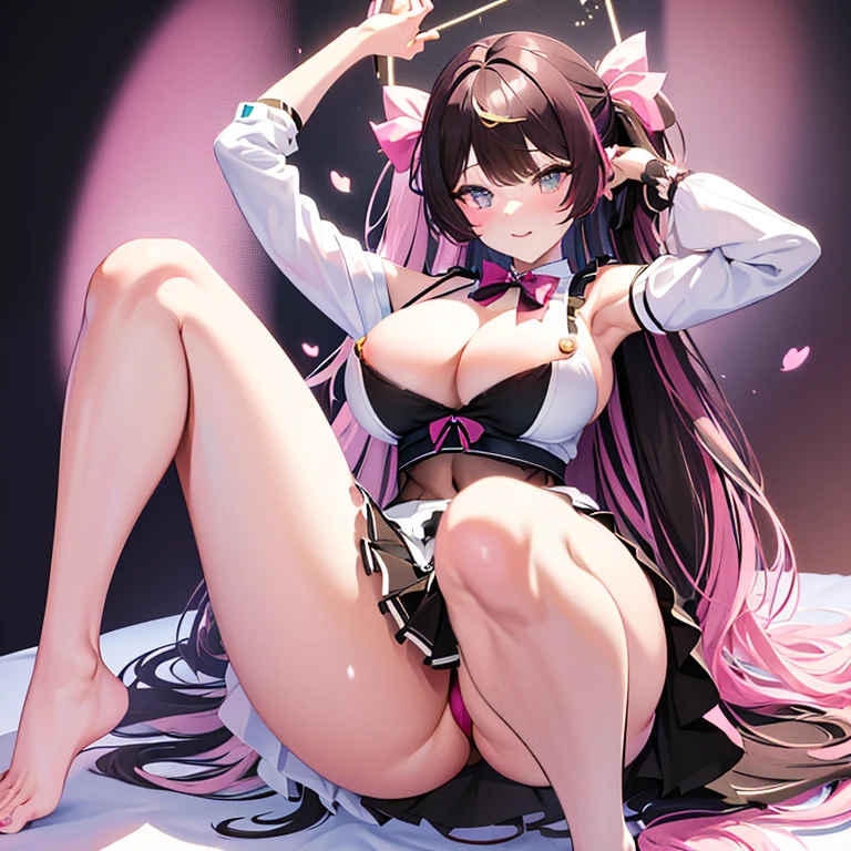 TachibanaHinano, Long hair, (split-colored hair, Black hair, Pink hair:1.3), Blue eyes、ribbon、(top-quality、8K、32K、​masterpiece、nffsw:1.3)、1girl in、((solo))、((Colossal tits:1.5))、(slender figures、perfect body type:1.2)、smile、blush、white  shirt、frilld、suspender skirt、(((pantyshot)))、white  panties、((spread legswide))、(((tiptoeing)))、squatting、girl with(Piece of art:1.2)、Her body is delicately designed((​masterpiece:1.3))Smooth and beautiful skin is perfectly designed。