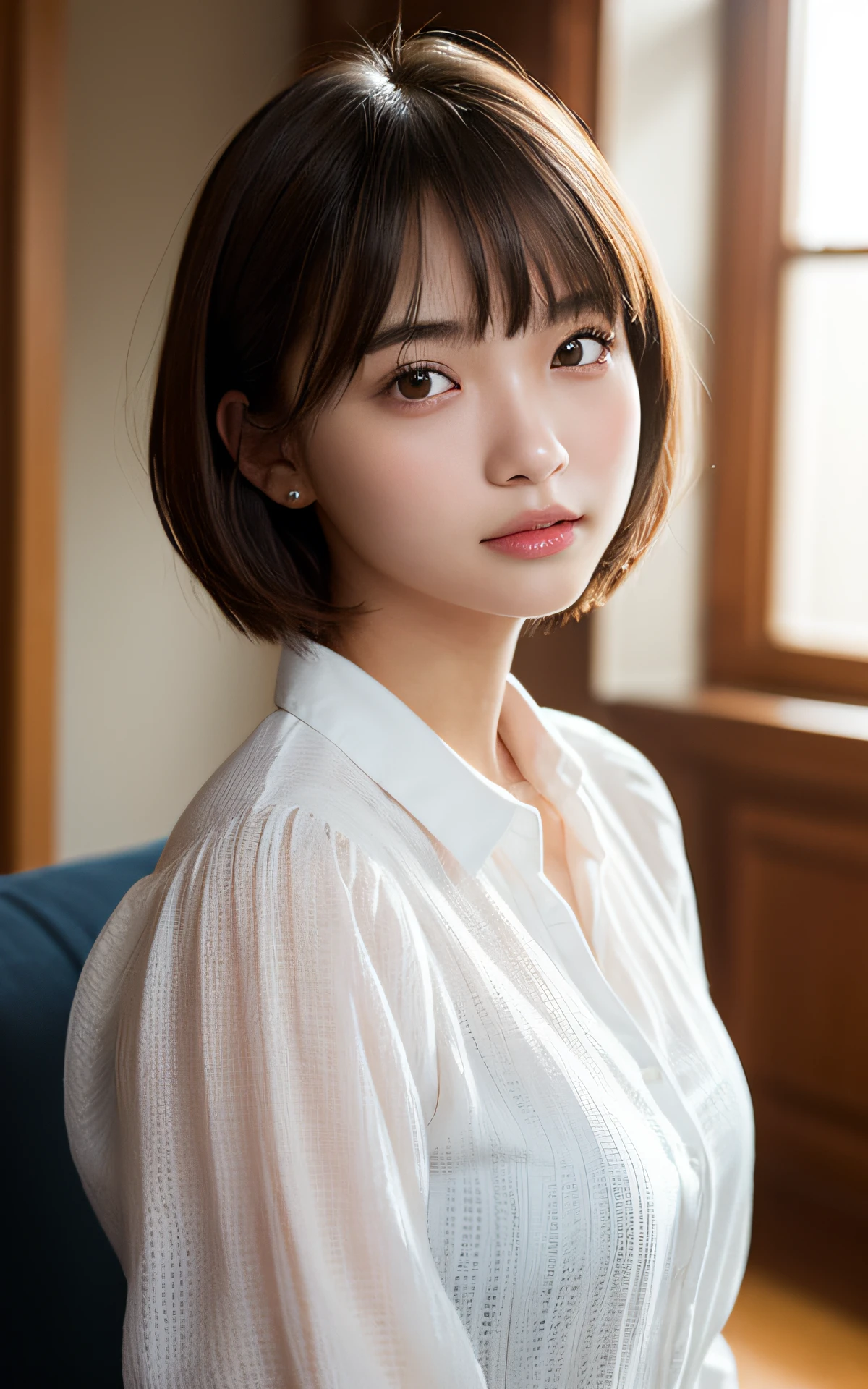 (Raw photo, Best Quality), (Realistic, Photorealsitic:1.3), masutepiece, extremely delicate and beautiful,Soft light, (Brown hair, Short hair, Bangs), Beautiful detailed girl, Detailed fingers, extremely detailed eye and face, beautiful detailed nose, Beautiful detailed eyes, 1 girl, Japanese, Neat and clean beauty, Cute, 年轻, Silk Collar Shirt, Long flared skirt, pale skin, (Half body:1.3), (medium breasts), Realistic face, Realistic body, Park