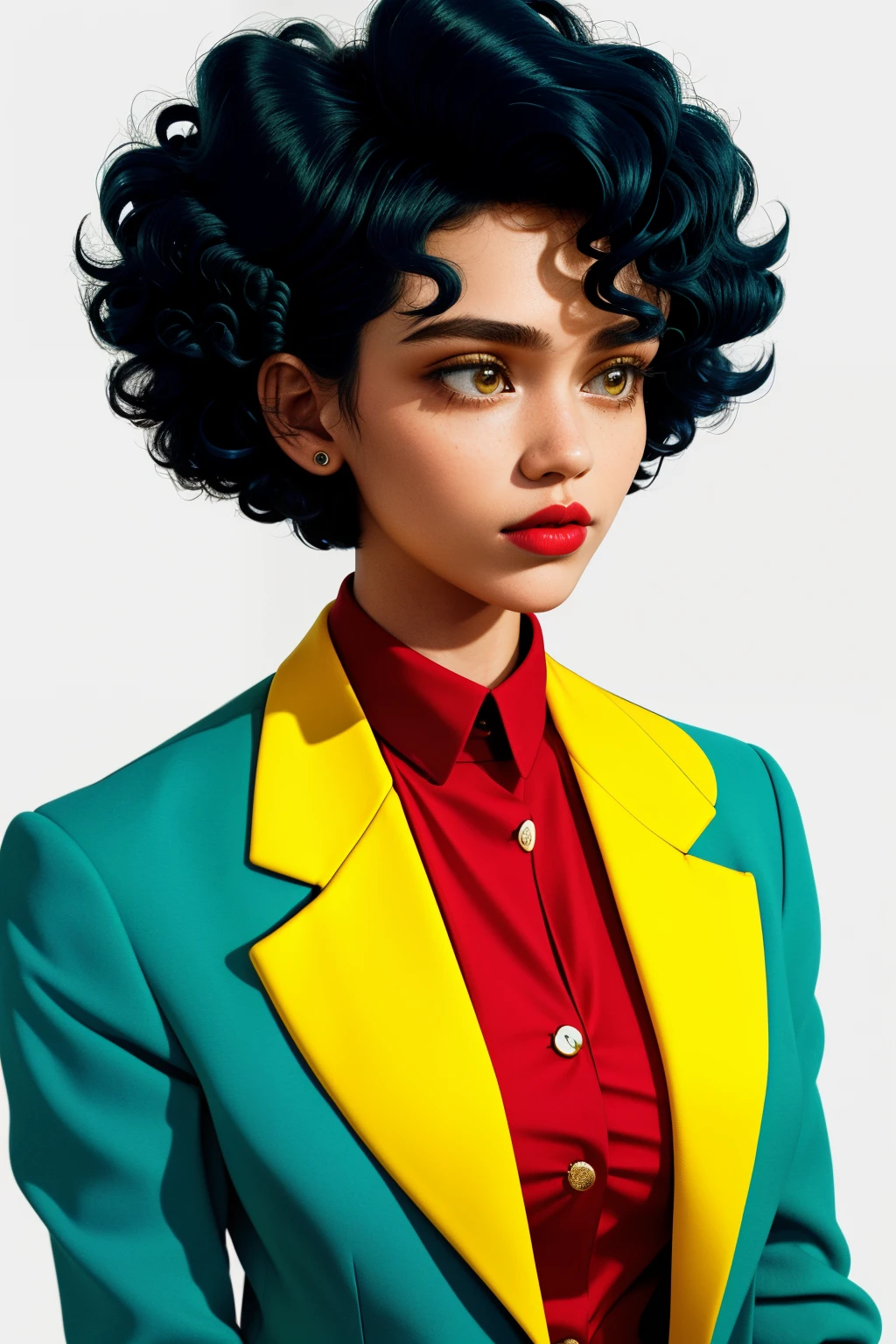 a 1girl, body complet, very detail, a lot of details, very extremely beautiful,  ((tmasterpiece, minimalism)), (curly blue short Hair), (yellow blazer, Red shirt), bright colours, looks into the distance, bold lips