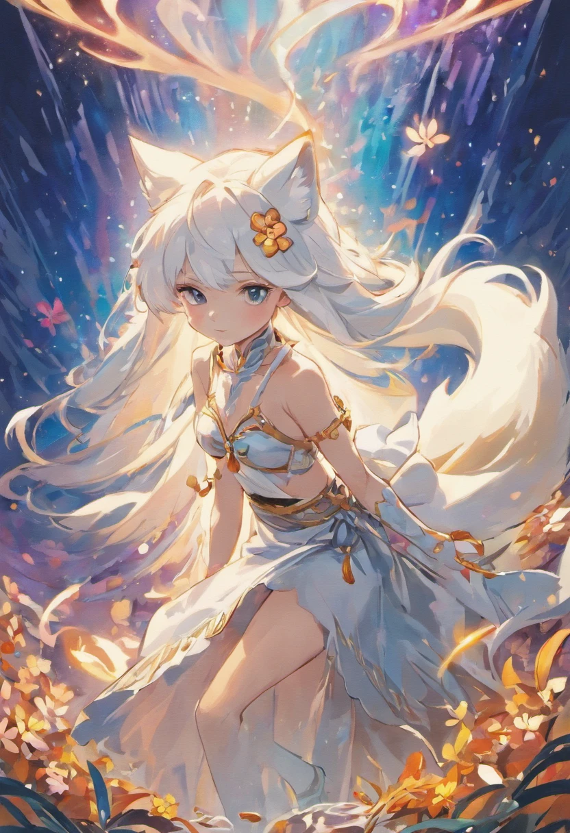 China-style，ancient wind，Martial arts beauty，a white long skirt，cabelos preto e longos，A hairpin is worn on his head，White skin and beautiful appearance，Big eyes of the water spirit，Redlip，Super good figure，There are white fox and white snake behind me，腾云驾雾，Immortals under mortals，8k high definition ultra high resolution，Color rendering with sharp contrast，Flowers Diamond Galaxy